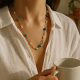 Amazonite & Pearl With Gold Marquise Chain Necklace