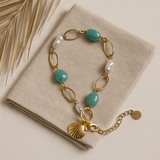Amazonite & Pearl With Gold Marquise Oceanic Chain Bracelet