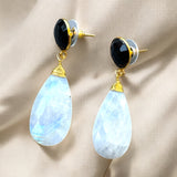 black onyx rainbow moonstone drop earrings
