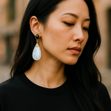 black onyx rainbow moonstone drop earrings