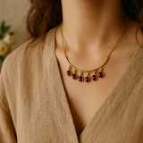 Pink Tourmaline crescent moon with round dangles necklace