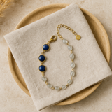 Rainbow Moonstone With Trio Lapis Lazuli Gold Plated With Lobster Clasp Bracelet 8Inch