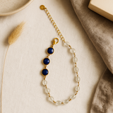 Rainbow Moonstone With Trio Lapis Lazuli Gold Plated With Lobster Clasp Bracelet 8Inch