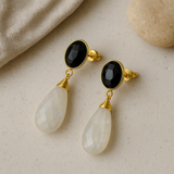black onyx rainbow moonstone drop earrings