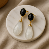 black onyx rainbow moonstone drop earrings