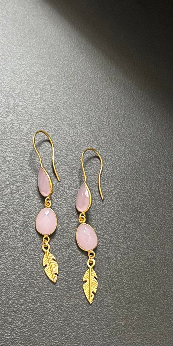 Rose Quartz gold feather Earring