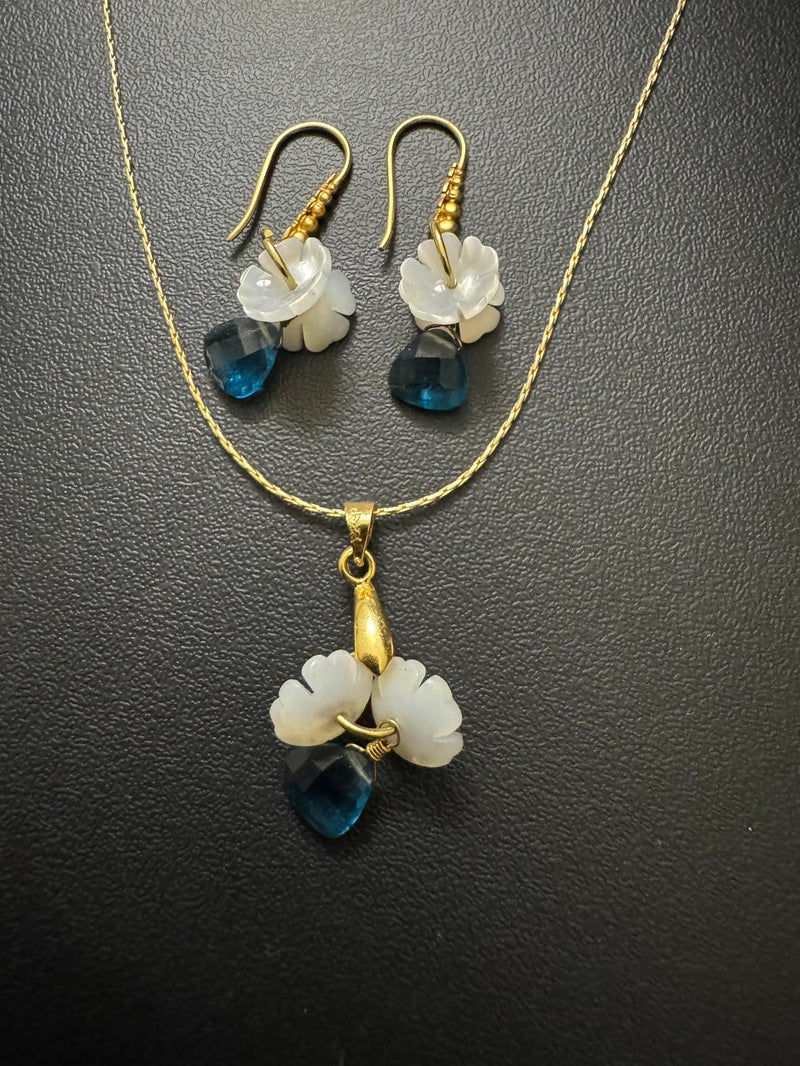 Mother of Pearl and Blue Topaz Flower Magnolia Earring