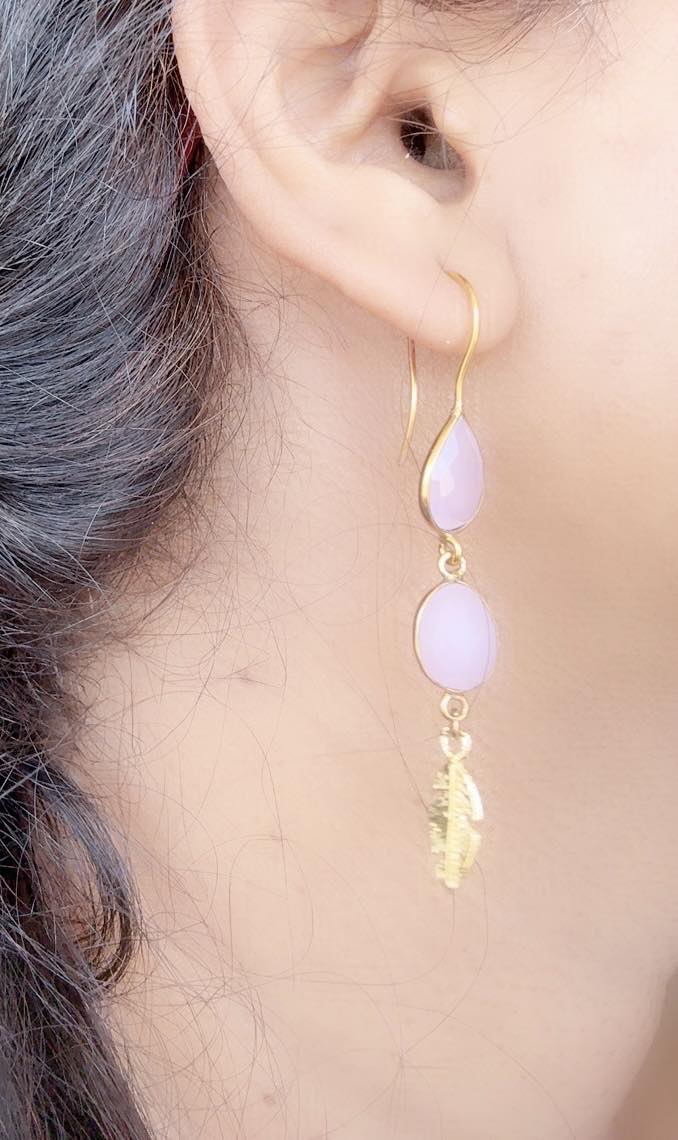 Rose Quartz gold feather Earring