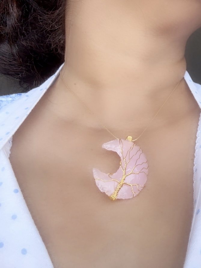 rose quartz crescent moon pendant