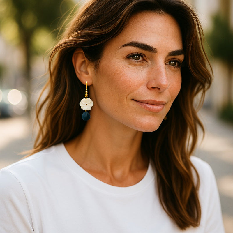 Mother of Pearl and Blue Topaz Flower Magnolia Earring