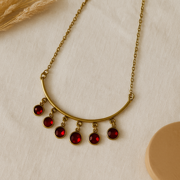 Pink Tourmaline crescent moon with round dangles necklace