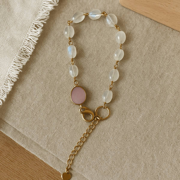 Rainbow Moonstone & Rose Chalcedony Gold Plated With Lobster Clasp Bracelet 8Inch