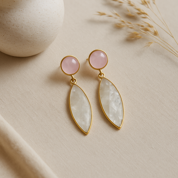 Rose Chalcedony Rainbow Moonstone Marquis Earrings