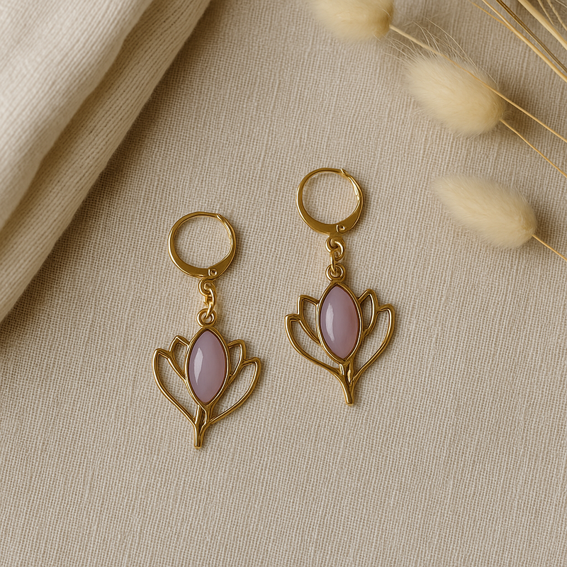 Rose Quartz Lotus Flower Dangly Earrings