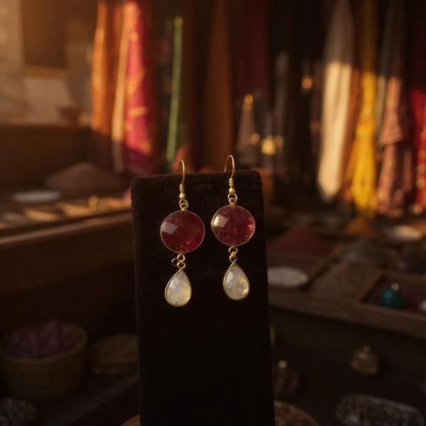 Ruby moonstone dangle earrings