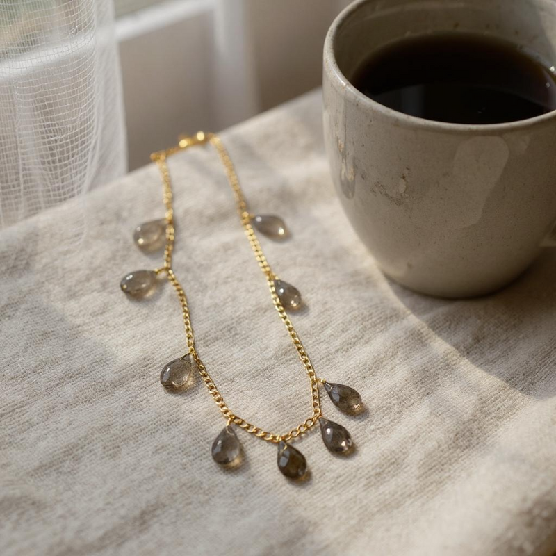 Smoky Topaz Faceted Gold Wire Wrapped Chain Necklace