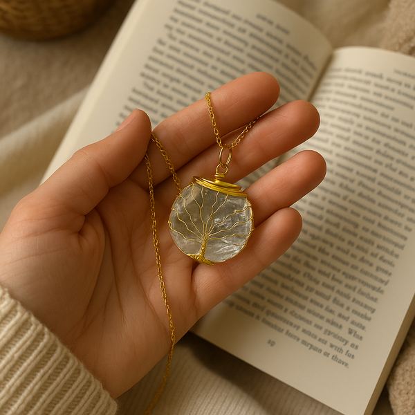White crystal full moon tree of life pendant