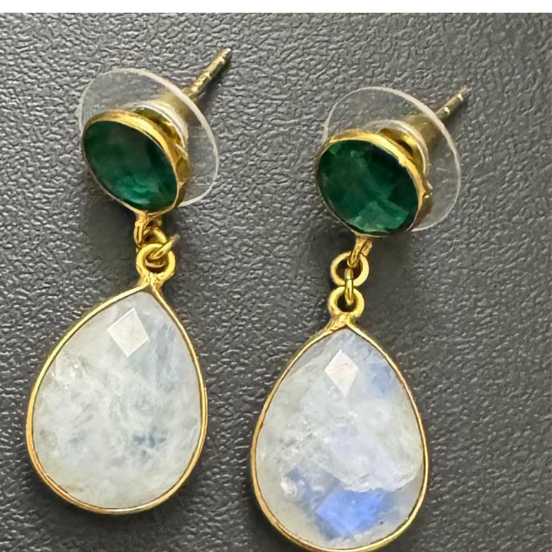 Emerald Quartz and Rainbow Moonstone Earrings