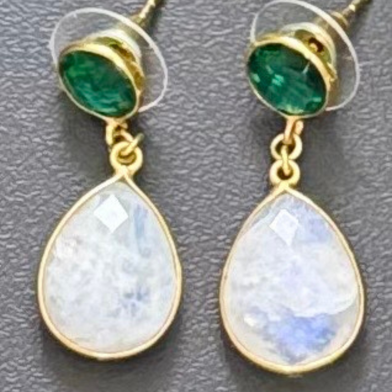 Emerald Quartz and Rainbow Moonstone Earrings