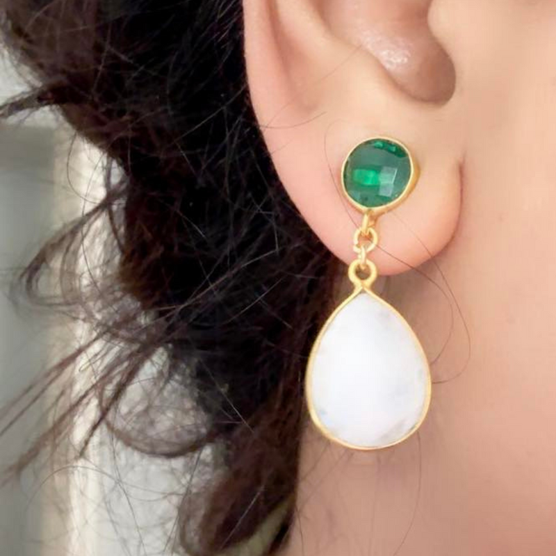 Emerald Quartz and Rainbow Moonstone Earrings